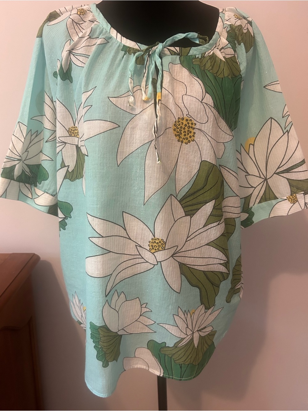 Vilagallo Aqua Floral Blouse with White and Olive Accents
